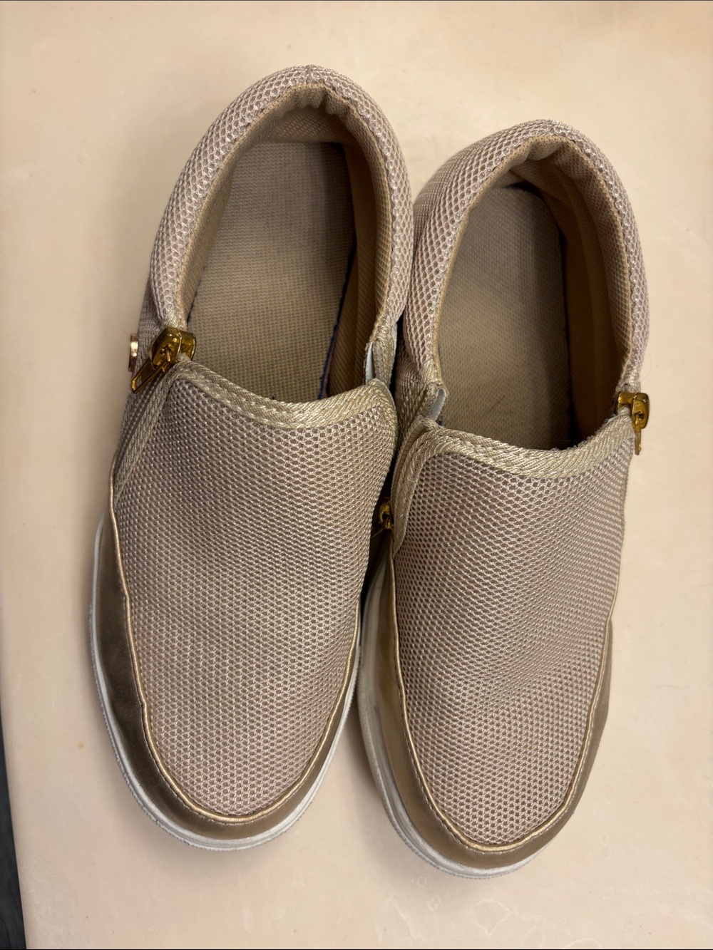 Slip-On Mesh Sneakers in Beige with Gold Accents